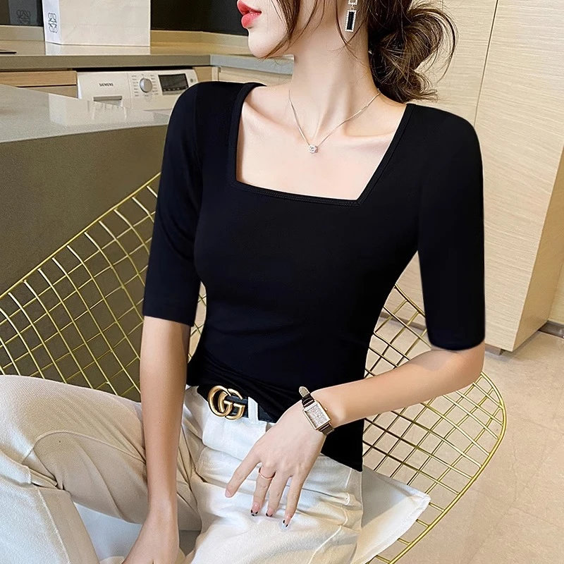 黑色方领中袖五分袖t恤女修身半袖打底衫内搭洋气七分袖上衣夏季