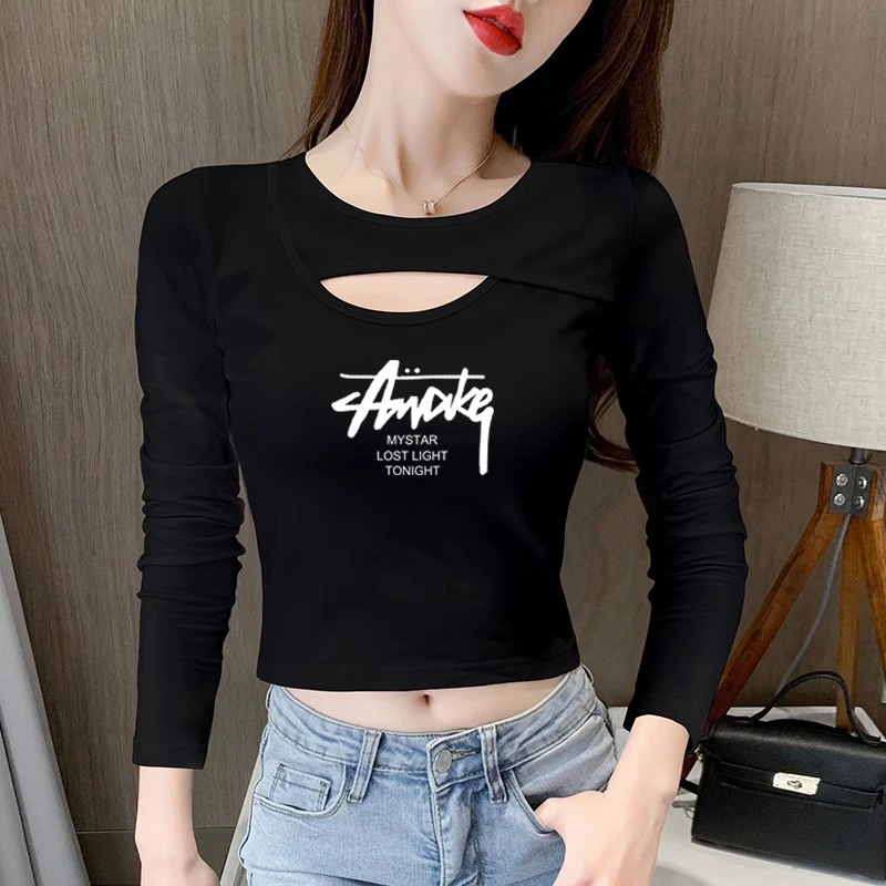 短款黑色长袖t恤女洋气打底衫秋季小个子设计感缕空修身露脐上衣