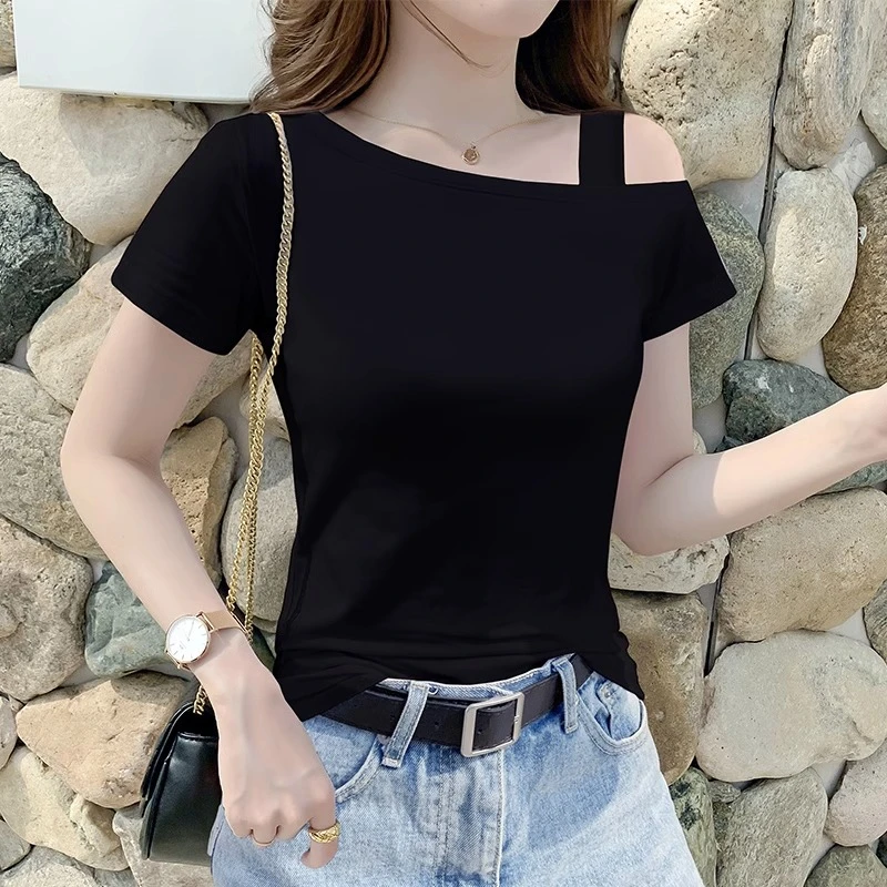 黑色吊带短袖t恤女修身百搭韩版夏季设计感半袖上衣服2025年新款