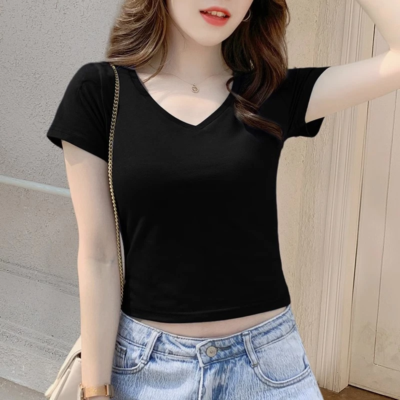 黑色v领短款t恤女短袖2025夏季新款显瘦高腰性感洋气露脐正肩上衣