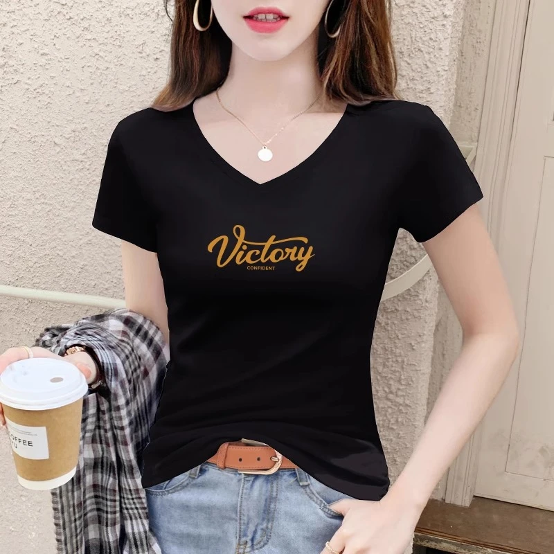 黑色v领短袖t恤女2025夏季新款修身正肩显瘦鸡心领打底衫百搭上衣