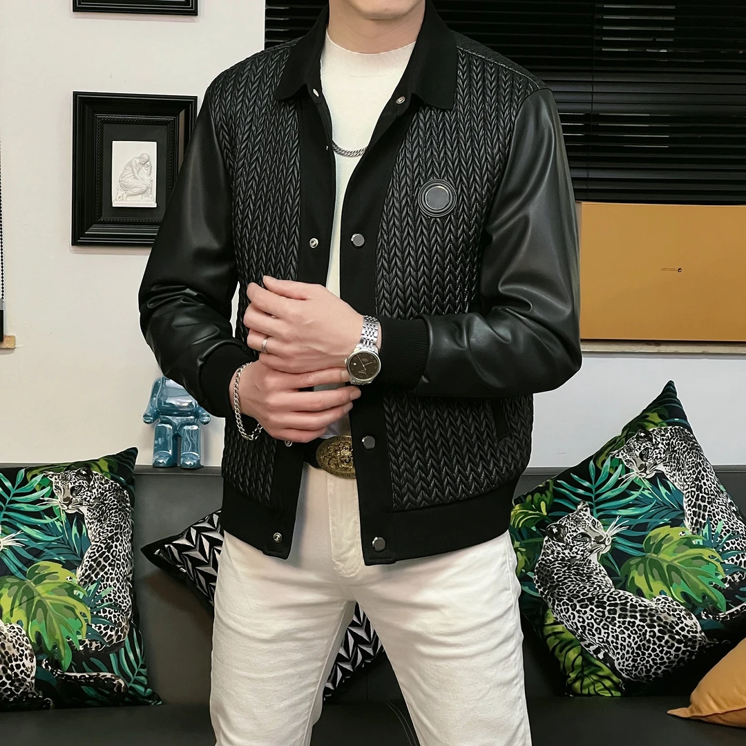 欧货男士秋季新款个性潮流保暖休闲时尚百搭黑色轻奢修身夹克 059