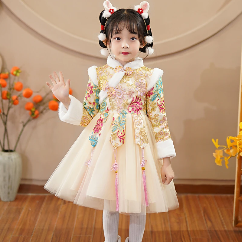 女童中国风加绒加厚唐装秋冬款古装拜年服周岁宝宝连衣裙儿童旗袍