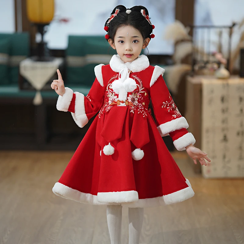 女童国风加绒拜年服儿童喜庆中国风汉服新款唐装小女孩新年服2316