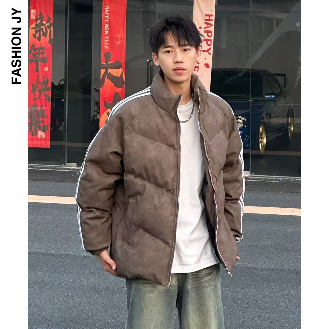 FASHIONJY冬季保暖加厚棉袄条纹编织带设计情侣扎染立领宽松棉服