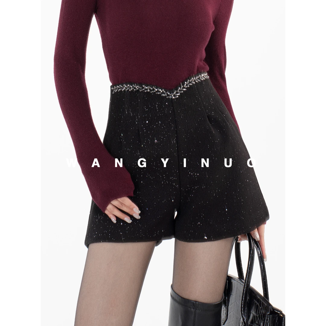 MD进进原创【知性酷飒】2024冬新款显瘦气质高腰百搭厚款呢子短裤