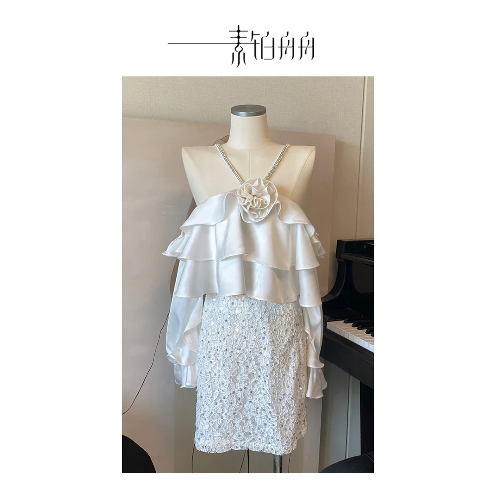 【清】素铂舟舟【清纯白莲花】花朵一字肩上衣亮片半身裙【分开购买】