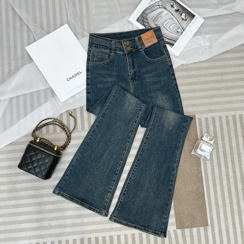 复古蓝双排扣微喇牛仔裤女2025年秋季新款高腰修身弹力显瘦裤子