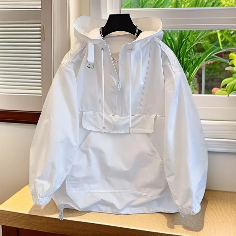 潮牌纯色连帽冲锋衣男女款运动潮流高街休闲拼接连帽透气情侣外套