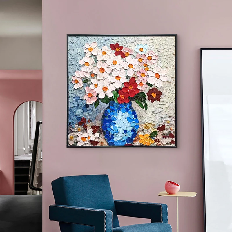 手工油画现代简约入户玄关装饰幸福花沙发墙方形画油画花6060