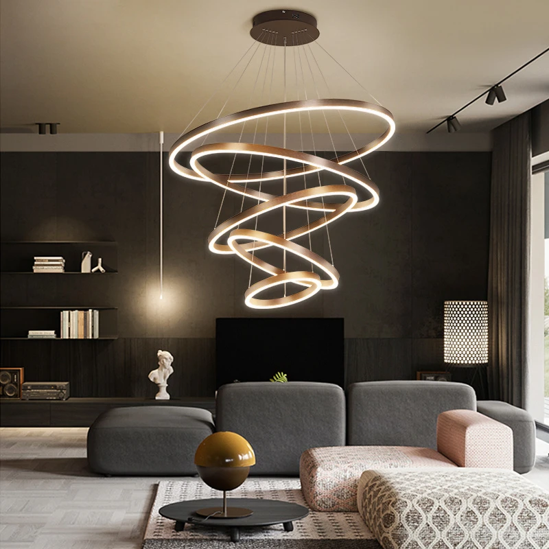 吊灯客厅后现代简约餐厅复式长楼梯别墅网红北欧圆环轻奢大厅灯具