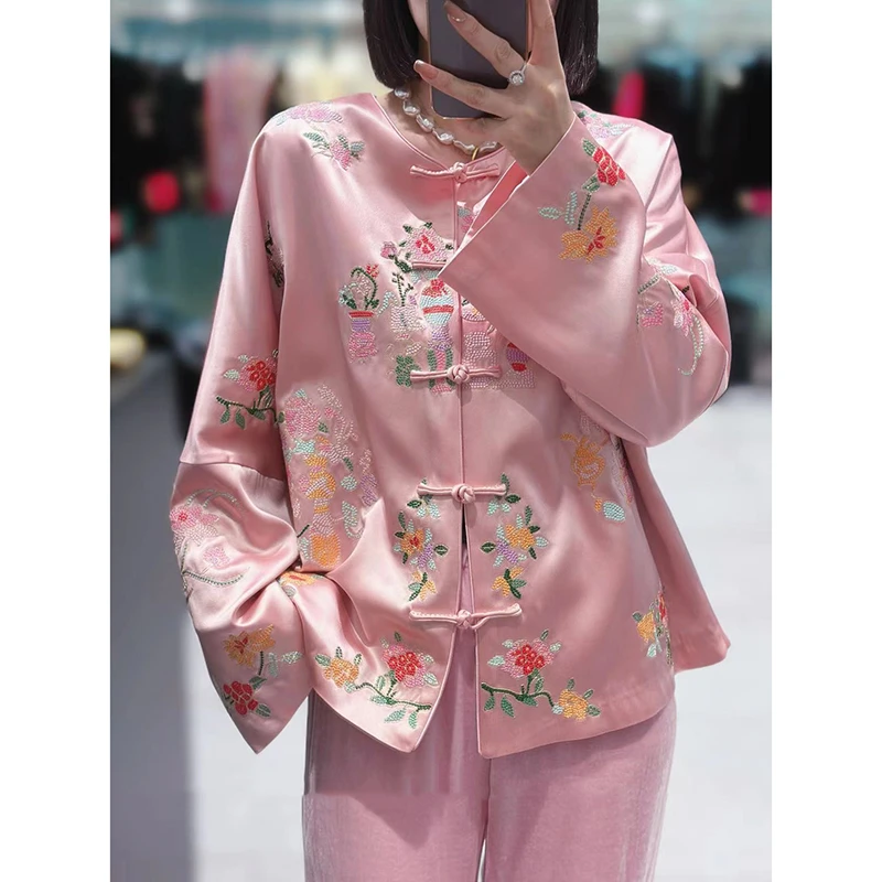 重磅国风重工刺绣绣花对襟中国风醋酸圆领复古盘扣长袖外套女秋季