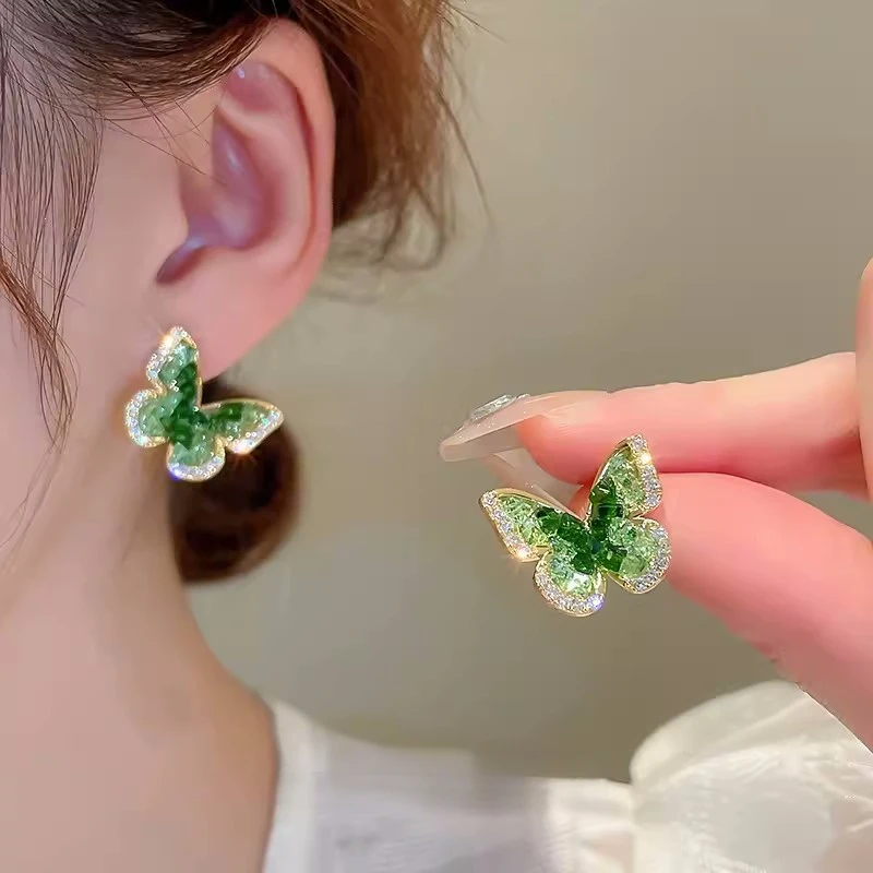 合金耳饰 绿色蝴蝶耳钉女小众设计感独特耳环2024新款爆款精致耳