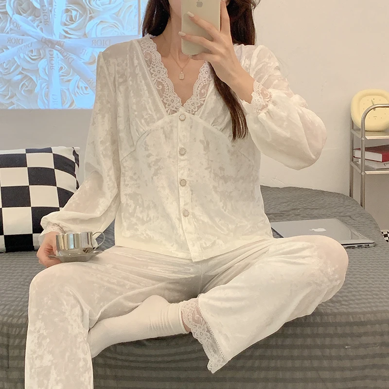 睡衣女春秋长袖套装小香风蕾丝甜美女士秋冬可外穿家居服314