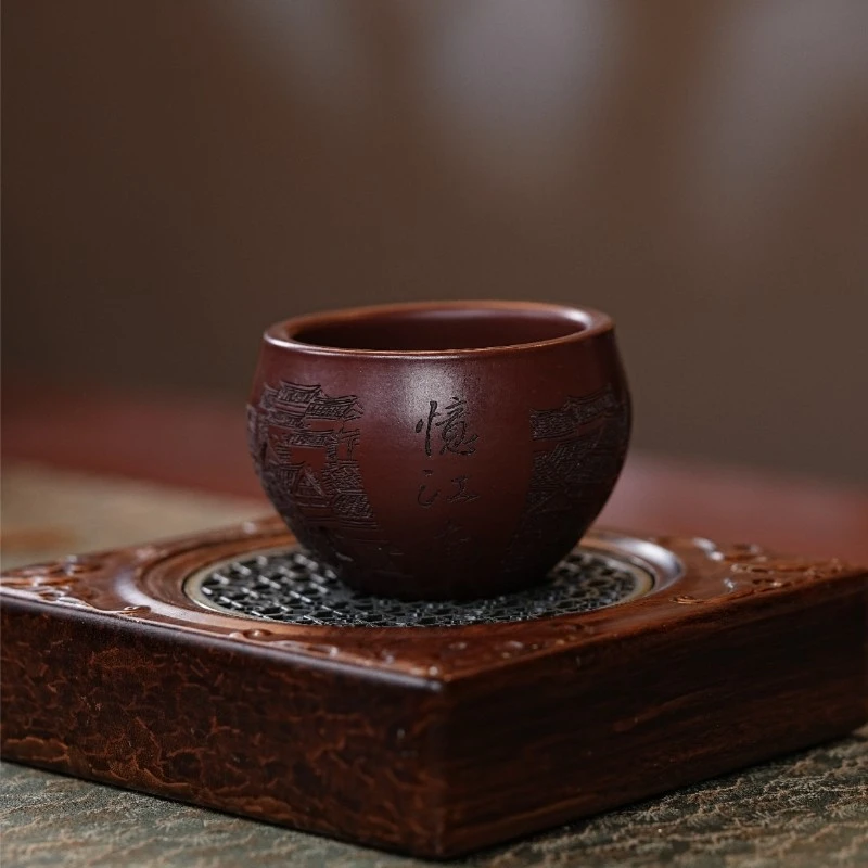 【1044忆江南水缸杯】宜兴原矿紫砂手工刻绘忆江南水缸杯主人杯