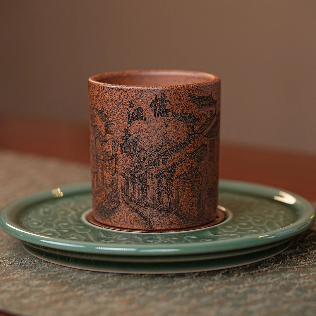 【8036柴烧忆江南】宜兴原矿紫砂古龙窑柴烧直口刻绘忆江南主人杯
