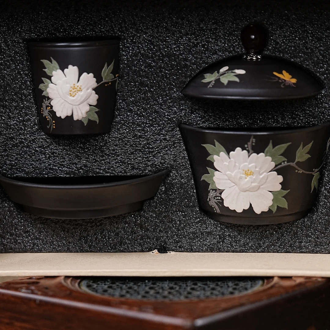 【石黄蝶恋花套组】宜兴原矿石黄三才盖碗+闻香杯套组手绘蝶恋花