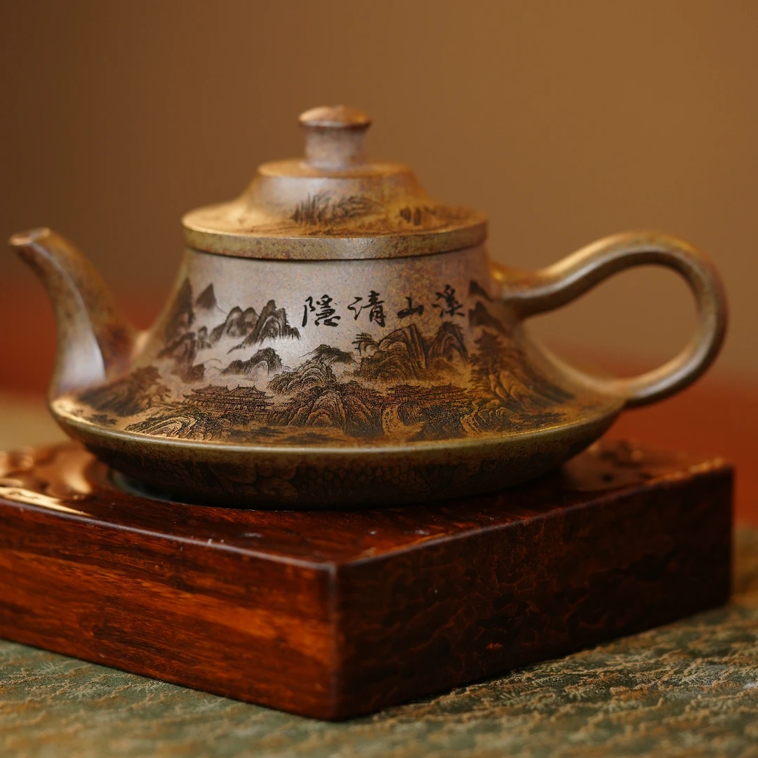 【云炉壶】宜兴原矿紫砂高温柴窑柴烧精美满刻溪山清隐图紫砂壶