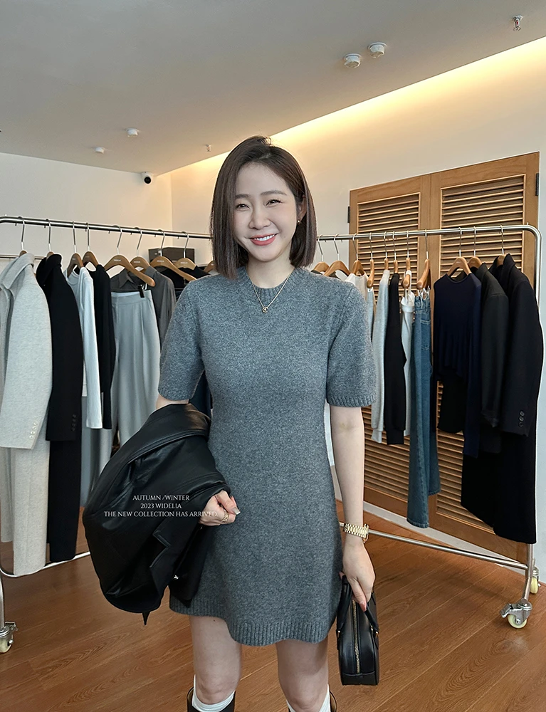widelia2023FW 韩版修身显瘦短袖羊毛连衣裙灰色气质针织裙16123