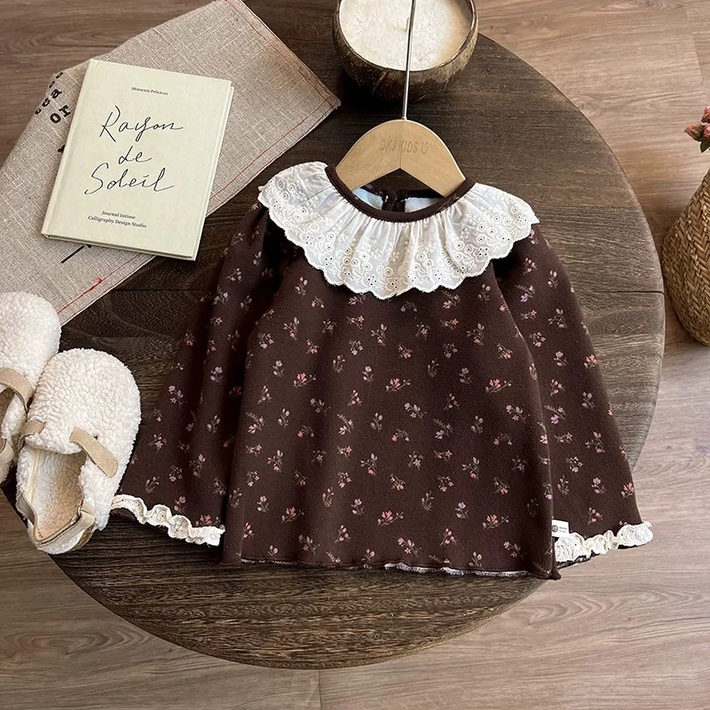 现货清~~森系女童加绒卫衣秋冬款24款儿童碎花上衣女宝宝保暖衣服