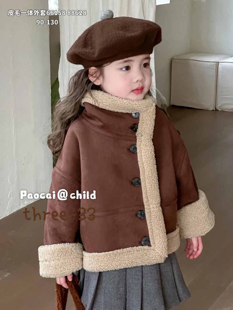 现货！！女童秋冬外套2024新款宝宝时髦复古皮毛一体夹克男童可穿