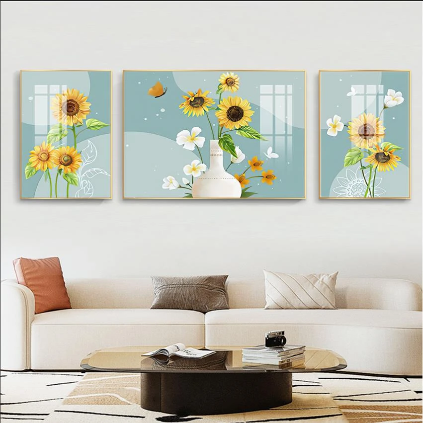 【油画向日葵太阳花】客厅沙发背景墙轻奢晶瓷画铝合金三联框画