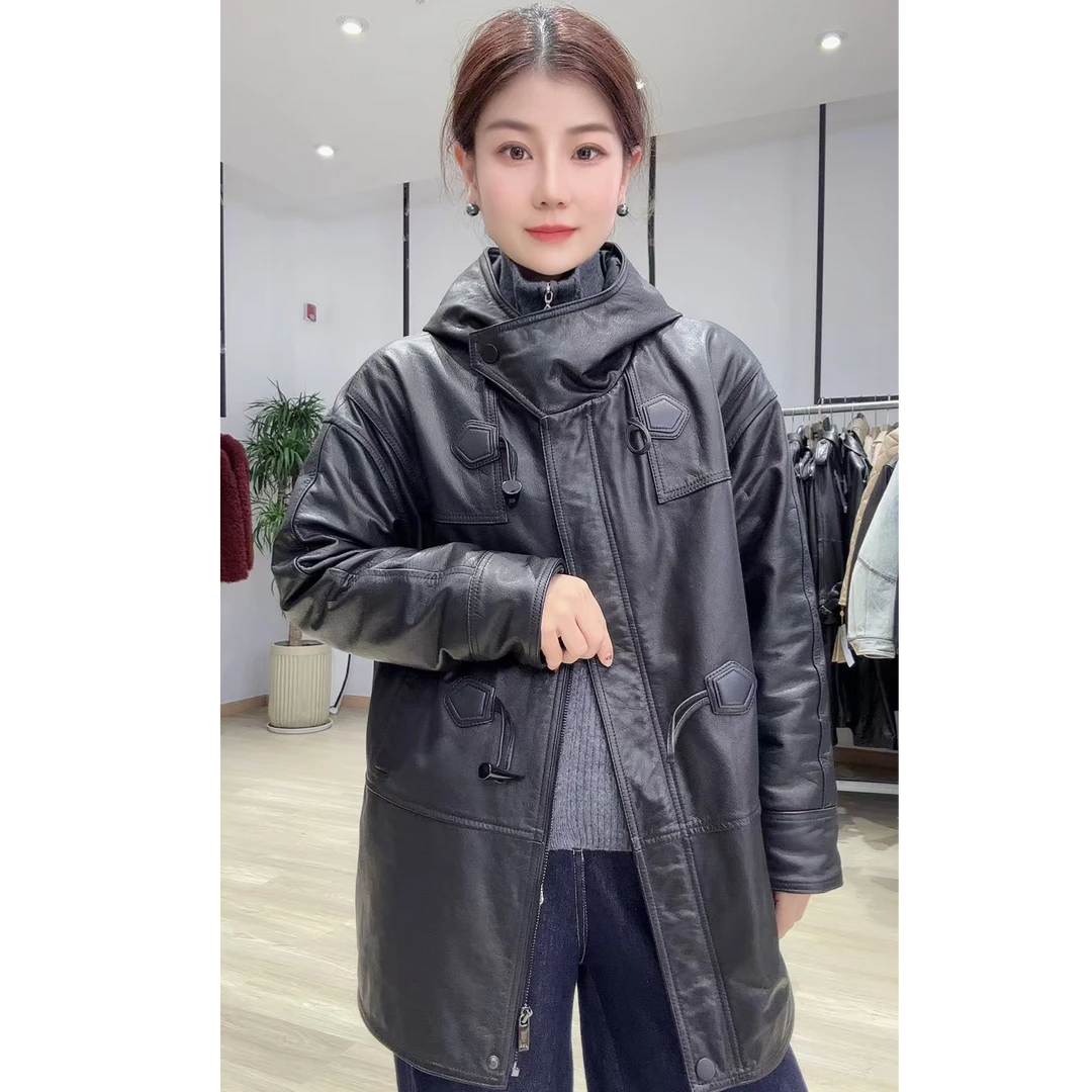 西夏尚美【66476】港风加厚冬装复古感翻领牛皮皮衣秋季新款皮衣