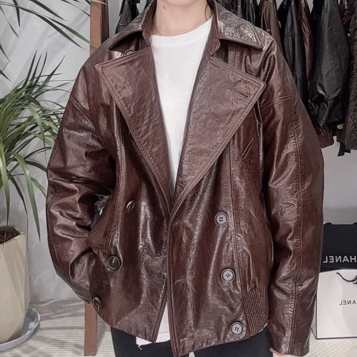 梅哥【66451】港风加厚冬装复古感翻领牛皮皮衣秋季新款皮衣