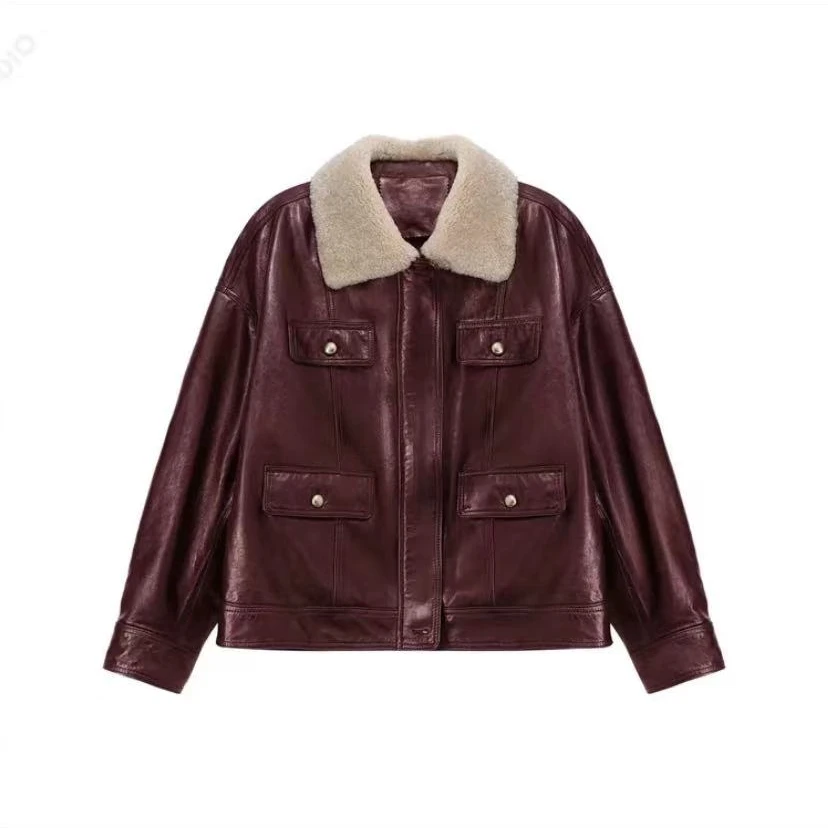 程程.【9367】 酷感时髦帅气羊毛领牛皮复古飞行夹克女装保暖外套