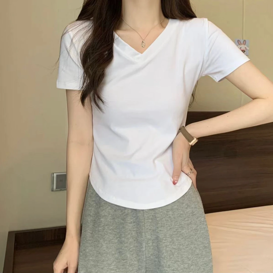 设计感v领正肩t恤女士短袖弧形夏季修身显瘦休闲百搭时尚上衣服潮