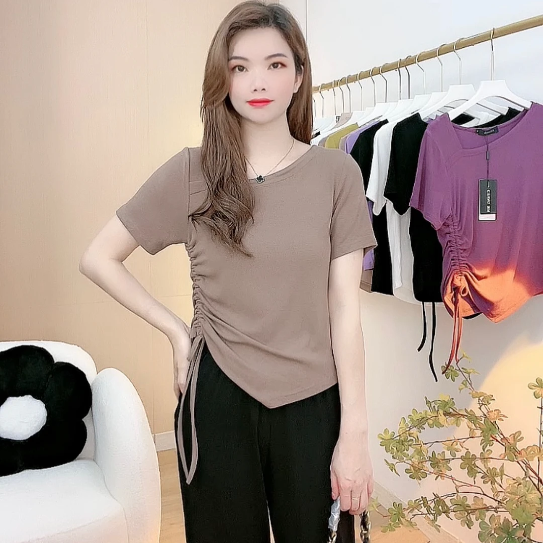 夏季新款设计感不规则抽绳遮肉上衣女洋气时尚斜v领内搭外穿t恤