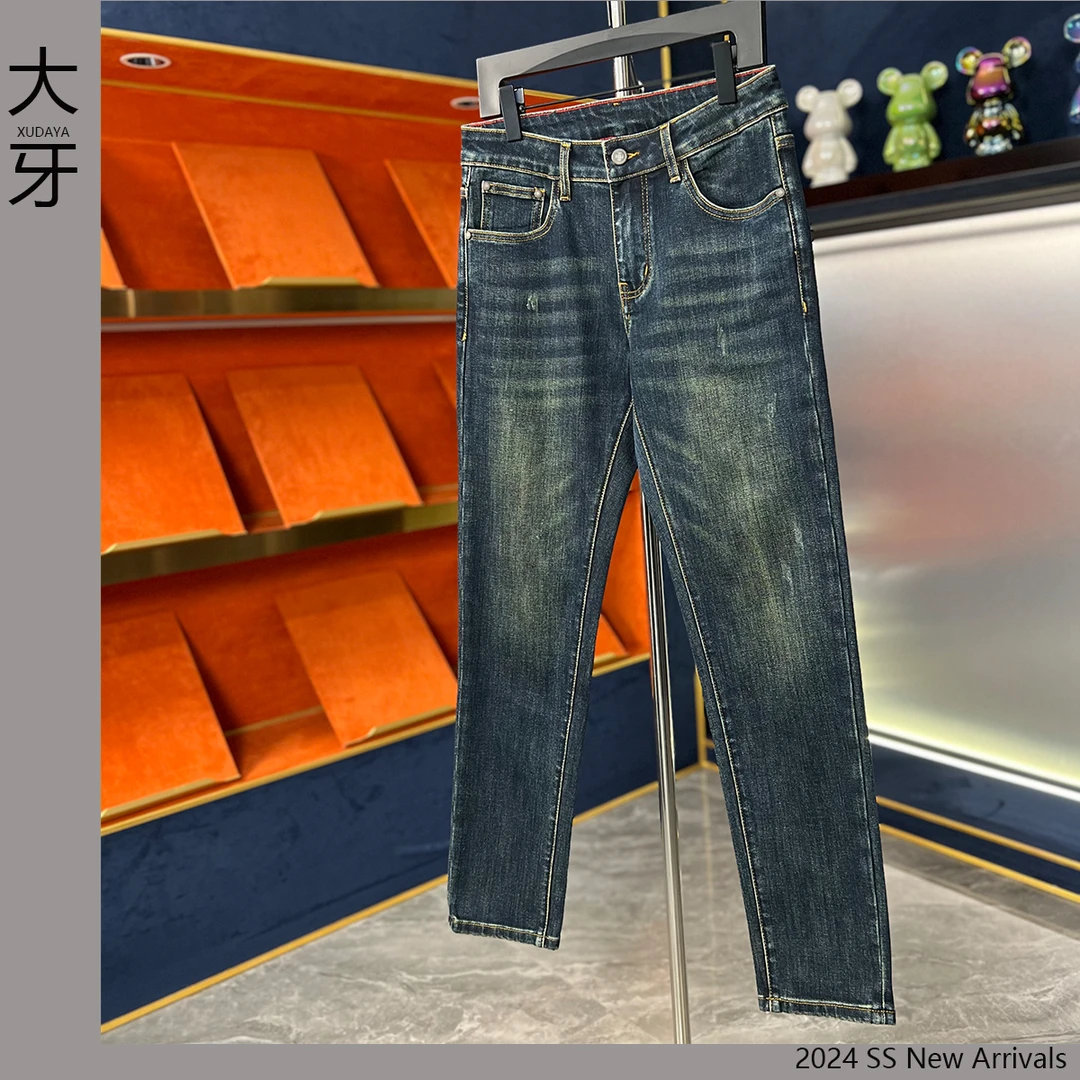 【大牙】421#宝石蓝牛仔裤男2024秋冬季男时尚百搭弹力修身小直筒