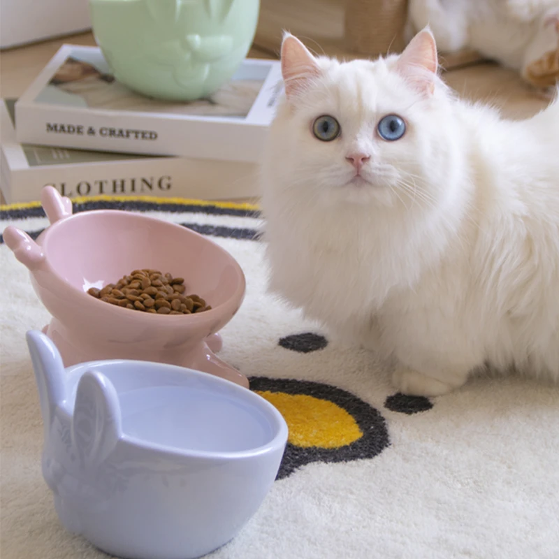 佩格小猫陶瓷猫碗斜口碗饮水碗防滑倾斜高脚碗保护颈椎喂水碗粮碗