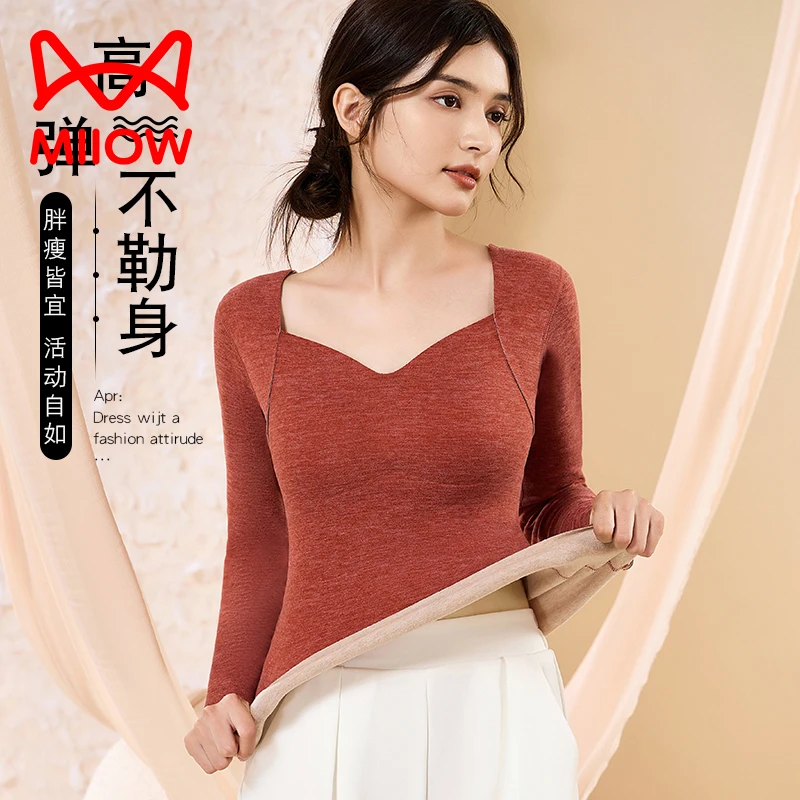 MiiOW/猫人秋冬新款紧身保暖上衣羊毛桑蚕丝打底带胸垫保暖女加绒