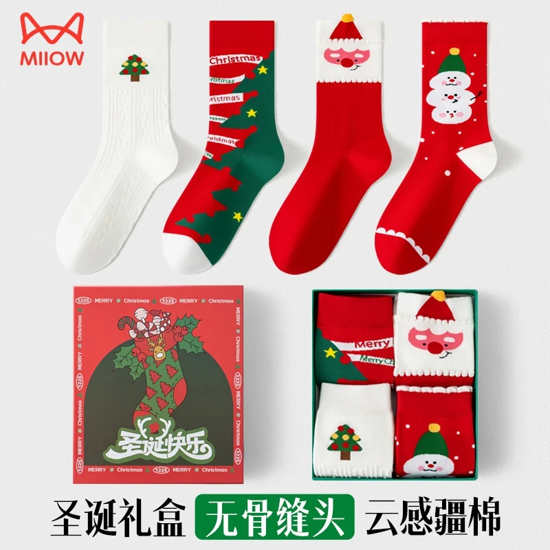 猫人圣诞节礼物红色袜子可爱卡通原创圣诞袜子男女情侣同款中筒袜