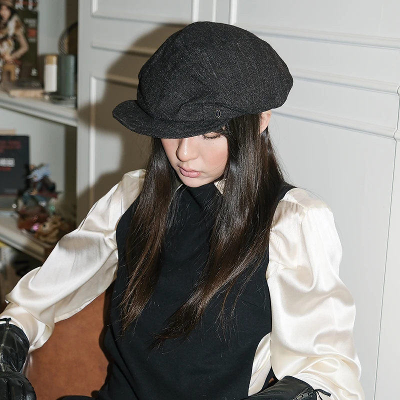 JOJOKUR小众暗黑系个性进口面料黑色不对称设计弹力拉伸报童帽