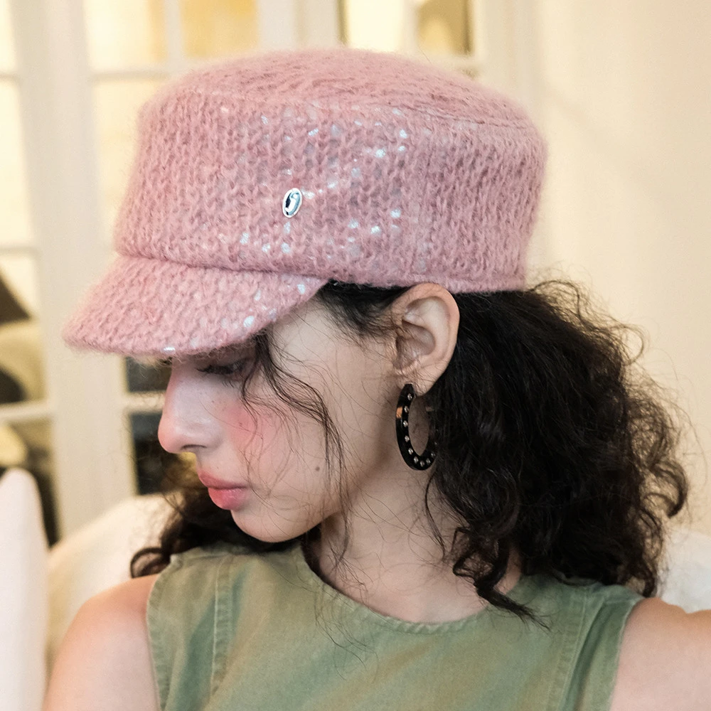 JOJOKUR 粉色镂空毛线银色波光粼粼圆顶骑士帽时尚报童帽防晒帽