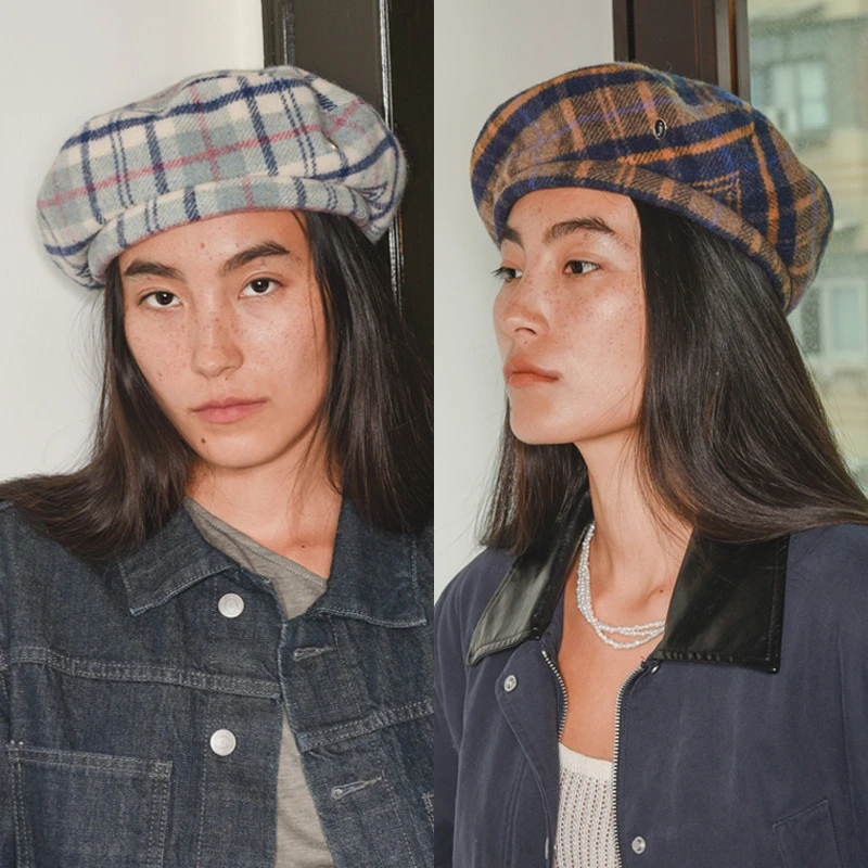 JOJOKUR格纹圆顶造型秋冬贝雷帽显脸小时尚配饰修饰脸型Beret帽