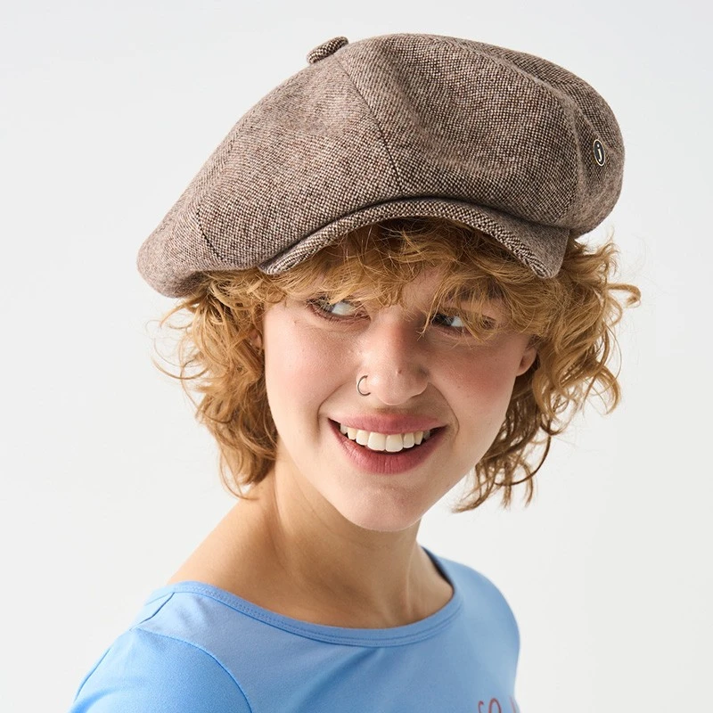 JOJOKUR美拉德棕色麻点装饰风羊毛八角报童帽贝雷帽两戴秋冬