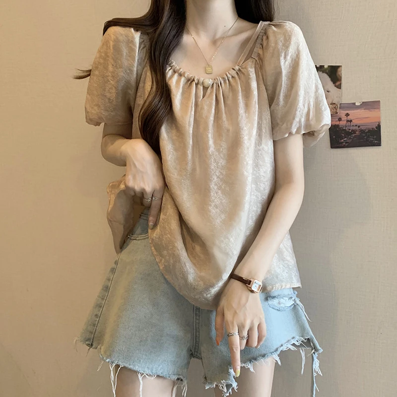 法式方领泡泡短袖雪纺衬衫女夏装大码胖mm遮肚子显瘦洋气小衫上衣