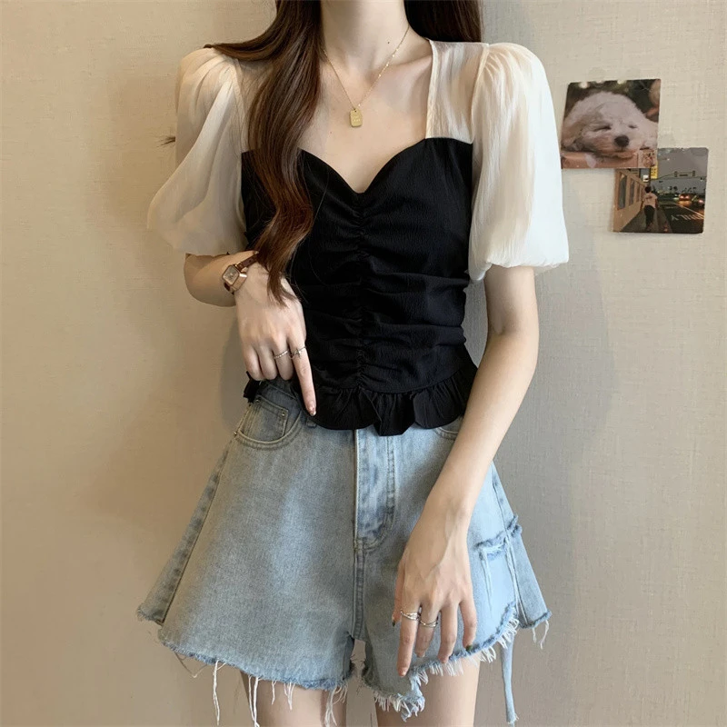 大码女装设计感小众v领褶皱木耳花边雪纺衬衫胖mm遮肚子显瘦上衣