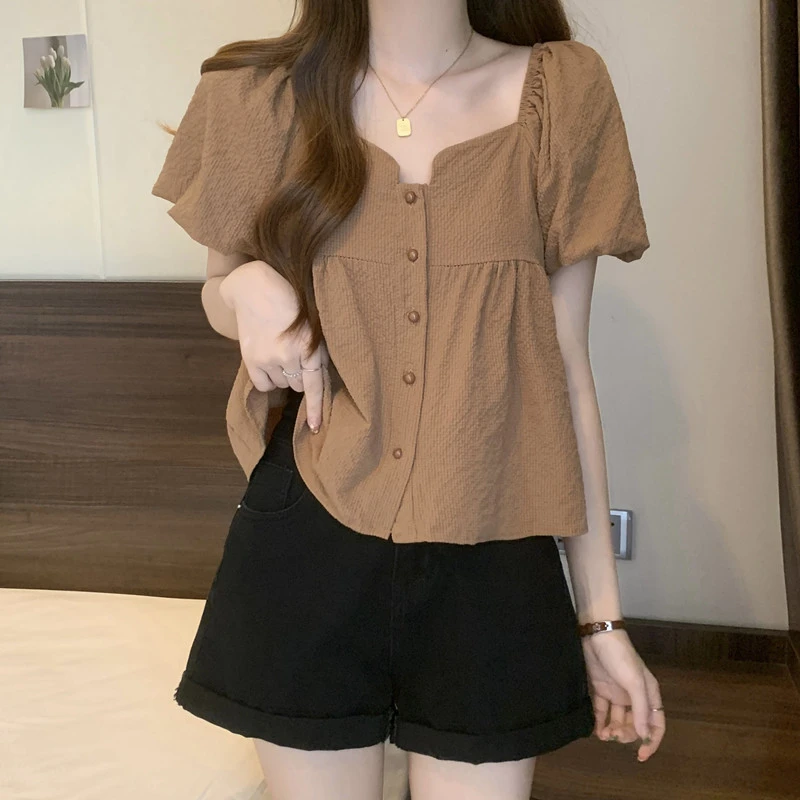 大码女装法式泡泡袖方领正肩短袖衬衫夏季胖mm遮肚子显瘦宽松上衣