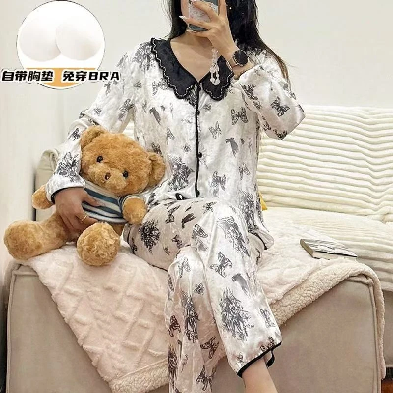 轻奢法式金钻绒睡衣女秋冬高级感可外穿家居服套装自带胸垫金丝绒