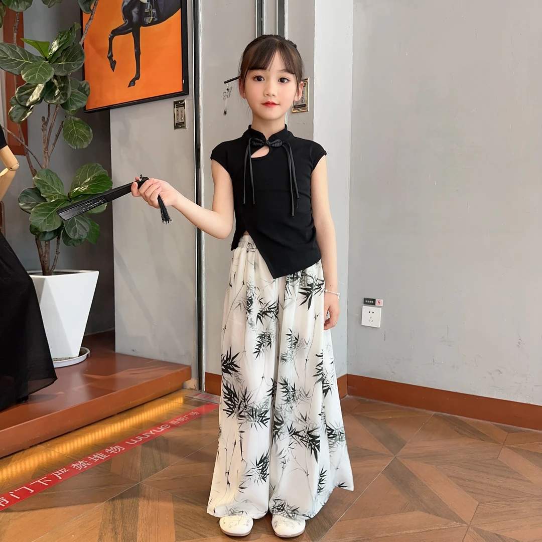 女童新中式竹子儿童洋气阔腿裤中国风夏季休闲韩版大童女孩两件套