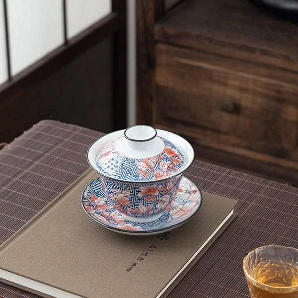 青花瓷万福盖碗单个大号三才泡茶碗家用敬茶碗复古功夫茶具D246