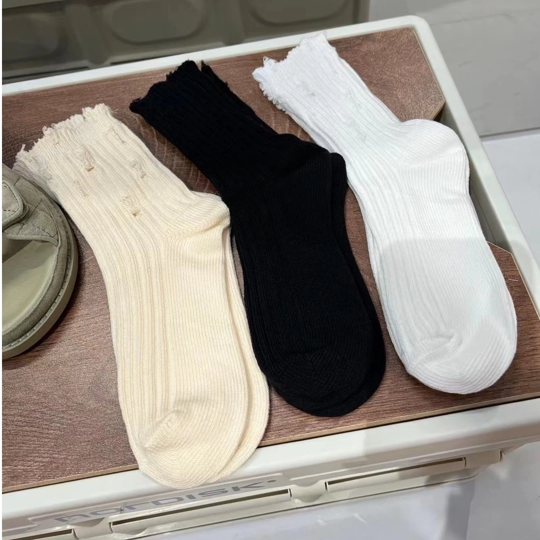 欧货女袜新款自留款时尚简约百搭短袜破洞弹力中筒袜堆堆袜潮