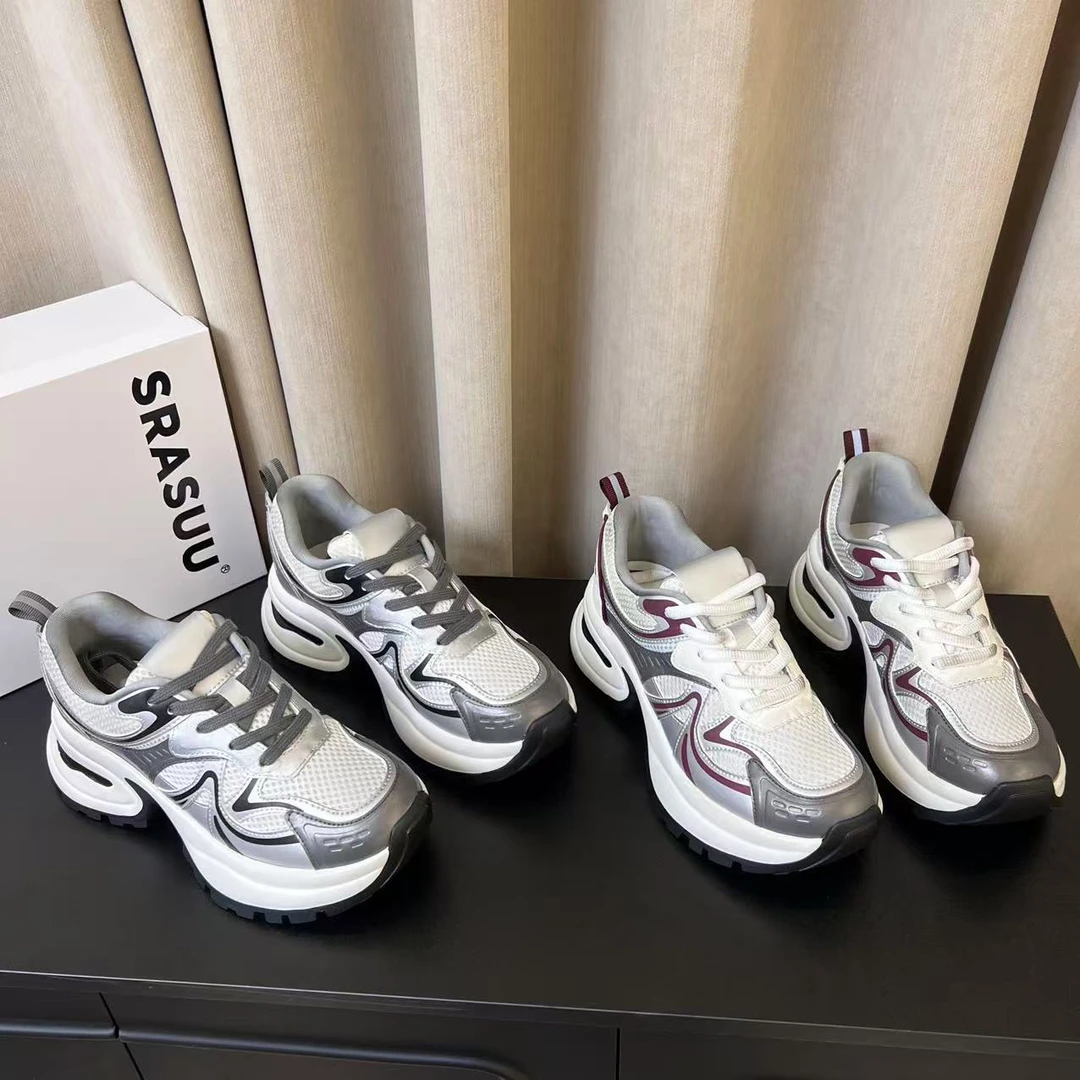 欧货欧洲站2024新款时尚真皮圆头系带厚底增高轻便运动休闲老爹鞋