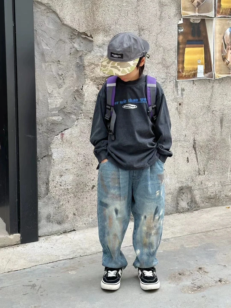 图家6122春秋款儿童韩版扎染牛仔裤日系男女童裤潮童老爹长裤