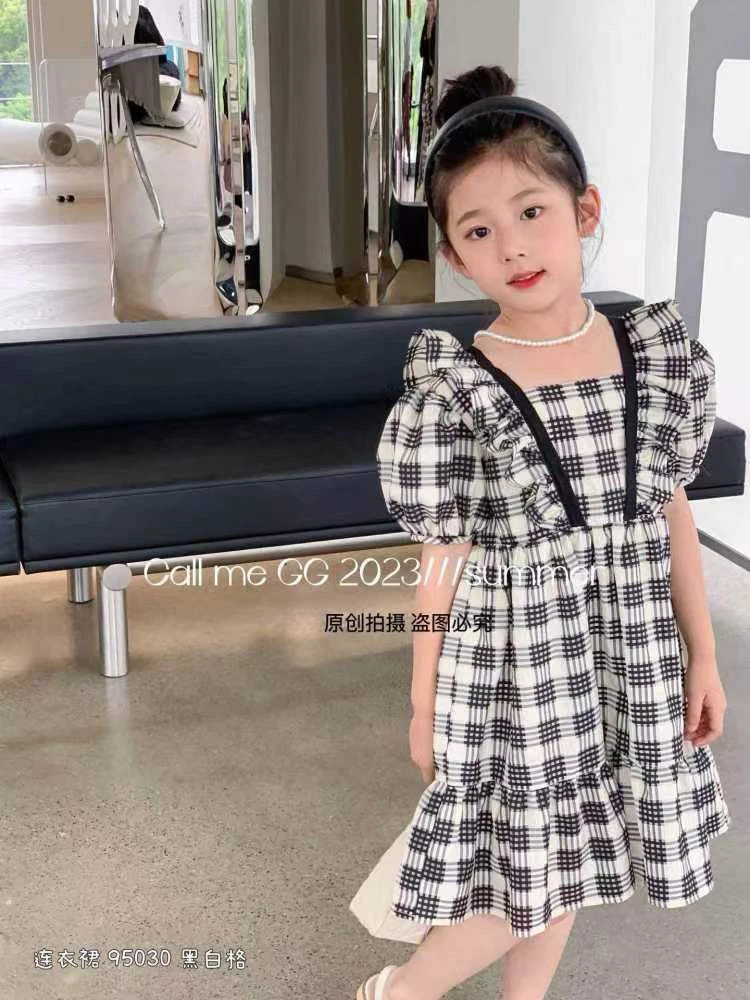 格格家童装夏季女童格子连衣裙女孩宝公主裙韩版洋气泡泡袖95030