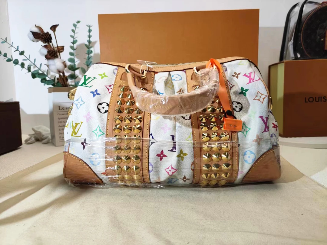 95新 LouisVuitton/路易威登 lv白三彩柳钉经典时尚托特包单肩包